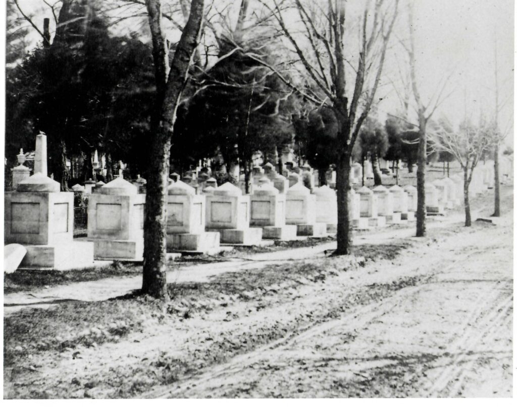 Black and white image of a row of cub shaped grace stones next to a dirt path