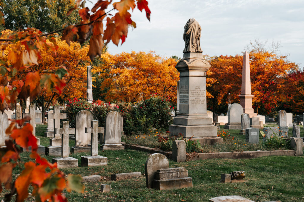Tombstones with bright orange trees in the background